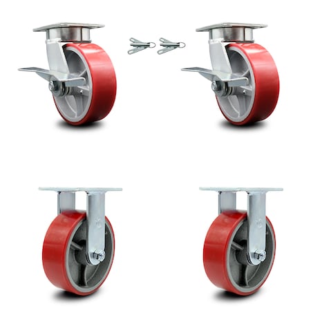 Service Caster 6 Inch Kingpinless Red Poly on Steel Wheel Caster Swivel Locks 2 Rigid, 2PK SCC-KP30S620-PUR-RS-BSL-2-R-2